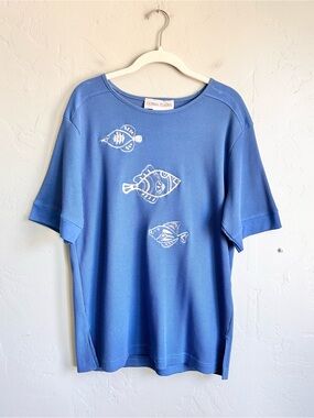 Vintage 90’s Donna Toran Blue Fish Embroidered Waffle Knit Top Large Beach Coast